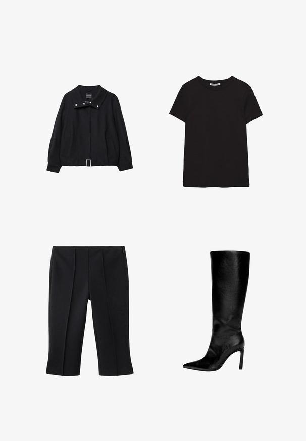 Veste courte noire en mélange de laine ; dotée d'un large col, de boutons-pression, de deux poches latérales et d'un détail de boucle de ceinture rectangulaire.; T-shirt noir en coton à manches courtes avec encolure ronde, coupe standard et étiquette intérieure visible au niveau du col.; Pantalon noir court avec deux plis avant, texture lisse et fermeture éclair latérale. Design sur mesure, sans motifs visibles.; Botte en cuir noir montée jusqu'au genou, avec un bout pointu, un talon aiguille haut, une finition lisse et un design simple et épuré sans ornements.