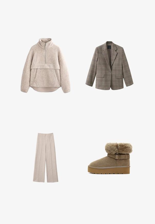 Rudeblå jakke i brun og beige med kløvet revers, enkelt knaplukning, to forlommer og løs pasform.; Beige, struktureret fleece-pullover med høj krave, lynlås i halv længde og frontlomme. Har brede ærmer og en buet kant.; Beige vide bukser lavet af et blødt stof, med markante for-pletter og en skræddersyet høj talje design, uden synlige lommer.; Brune ruskinds ankelstøvle med kunstpelskant, justerbar spænde rem og en robust, tekstureret gummisål for godt greb. Minimalistisk design.
