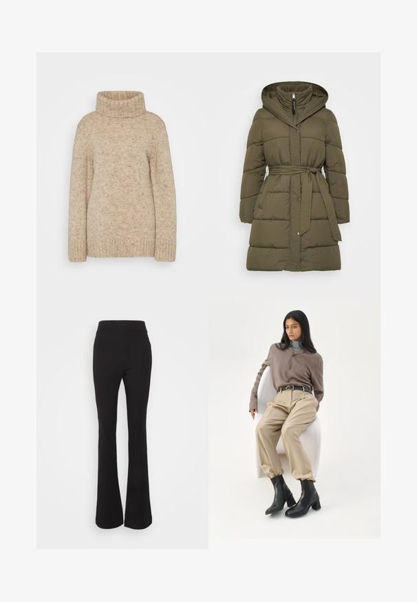 Doudoune vert olive avec capuche, taille ceinturée, fermeture à boutons-pression et design matelassé. Dispose de deux poches latérales.; Pull en maille beige à col roulé avec un col à côtes, des manches longues et une finition texturée présentant des nuances subtiles. Design décontracté.; Gina Tricot Tall LUNA TROUSERS - Pantalon classique - black; Femme aux longs cheveux noirs appuyée sur une chaise blanche courbée, portant un chemisier taupe, un pantalon beige, une ceinture noire et des bottines noires à talons.