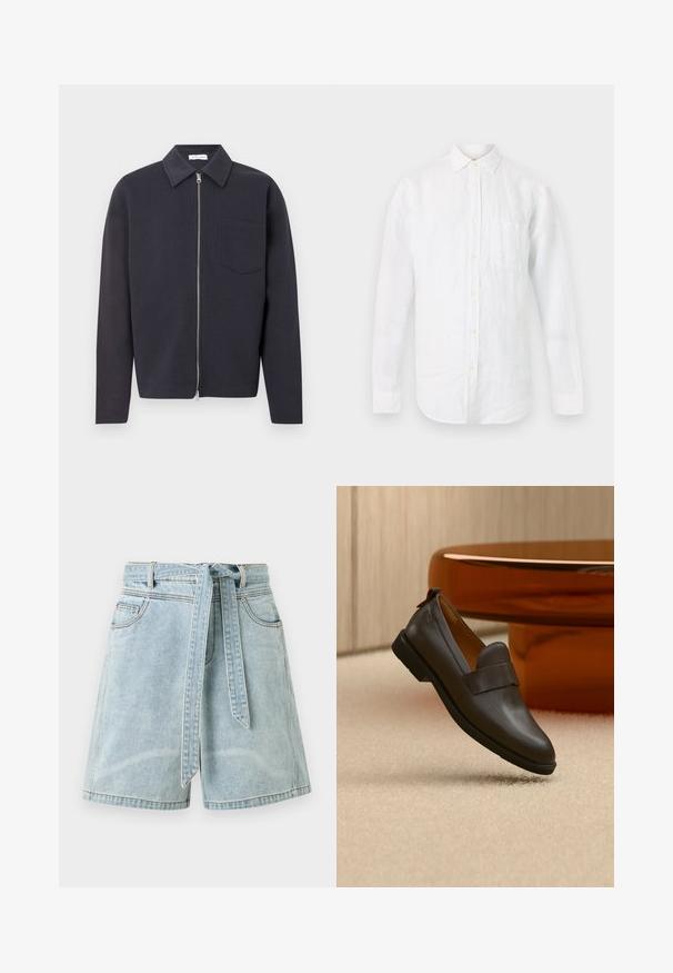 Veste zippée bleu marine foncé avec col pointu, poche poitrine unique et manches longues ; fabriquée en tissu texturé à finition lisse.; Chemise blanche à manches longues avec col et poche poitrine, présentée à plat sur un fond clair.; Short en jean bleu clair avec des poches devant et une ceinture en tissu assortie nouée à la taille.; Mocassin en cuir marron foncé avec un petit talon flottant au-dessus d'un tapis beige, à côté d'une table brillante, arrondie et de couleur ambre.