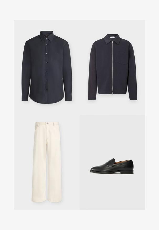 Veste zippée bleu marine foncé avec col pointu, poche poitrine unique et manches longues ; fabriquée en tissu texturé à finition lisse.; Chemise noire à manches longues boutonnée avec col, avec le logo « BOSS » sur la poitrine, présentée sur un fond clair uni.; Pantalon large couleur blanc cassé avec bouton et fermeture éclair à l'avant, passants pour ceinture et deux poches avant, présenté sur un fond uni.; Mocassin en cuir noir avec un bout arrondi, des coutures subtiles et un talon bas, présentant une texture lisse et un design minimaliste.