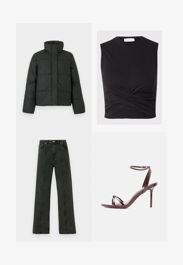 Chaqueta acolchada negra con un collar alto, diseño acolchado y mangas largas. Fabricada con una tela suave, presenta un cierre frontal con cremallera.; Top negro sin mangas hecho de material elástico, con un cuello alto y un detalle retorcido en el dobladillo, que proporciona una silueta ajustada.; Vaqueros de tiro alto y pierna ancha en denim gris oscuro. Presentan un diseño clásico de cinco bolsillos y costuras visibles a lo largo de las costuras frontales.; Sandalia de tacón alto de charol burdeos con tira fina en el tobillo y correas cruzadas en los dedos sobre fondo blanco.