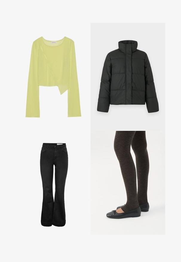 Veste doudoune noire avec col haut, design matelassé et manches longues. Fabriquée en tissu lisse, dotée d'une fermeture éclair à l'avant.; Crop top vert citron à manches longues avec un col rond et un ourlet asymétrique. Texture légère et côtelée avec des détails de surpiqûres décoratives.; Jeans noirs évasés taille haute avec fermeture à boutons et zip, poches avant et petite poche, et passants pour ceinture.; Jambes portant des leggings côtelés foncés associés à des ballerines noires avec de petits détails en nœud sur fond blanc.