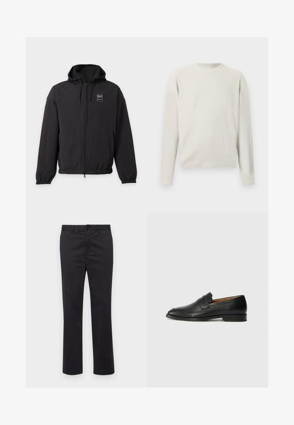 Schwarze Zip-up-Kapuzenjacke mit elastischen Bündchen und Saum, Vordertaschen und kleinem EA7-Logo auf der linken Brust.; Langärmliger, cremefarbener, gerippter Strickpullover mit Rundhalsausschnitt und lockerem Schnitt, dargestellt auf weißem Hintergrund.; Schwarze Baumwollhose mit geradem Bein, ausgestattet mit einem Knopfverschluss und Gürtelschlaufen. Glatte Textur, keine sichtbaren Muster oder Akzente.; Schwarze Leder-Slipper mit runder Zehenform, dezenten gestickten Details und niedrigem Absatz, ausgestattet mit glatter Textur und minimalistischem Design.