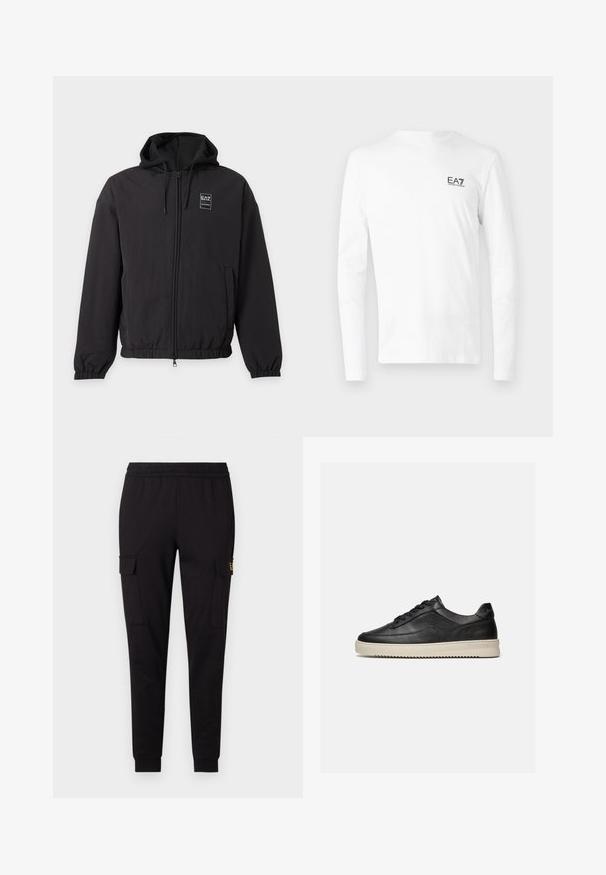 Veste noire à capuche avec fermeture éclair, poignets et bas élastiques, poches avant et petit logo EA7 sur la poitrine gauche.; T-shirt blanc à manches longues en coton, comportant un petit logo EA7 noir sur le côté gauche de la poitrine. Design simple avec un col rond.; Pantalons de jogging noirs en tissu doux, présentant une coupe fuselée et deux poches cargo latérales avec un logo discret sur une poche.; Baskets basses en cuir noir avec des lacets noirs et une semelle en caoutchouc épaisse de couleur crème, présentées sur un fond blanc.