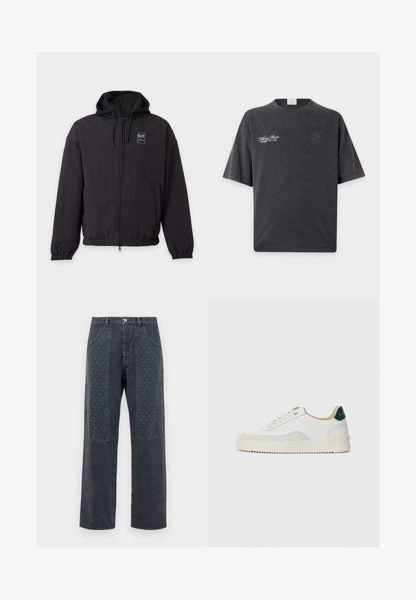 Veste noire à capuche avec fermeture éclair, poignets et bas élastiques, poches avant et petit logo EA7 sur la poitrine gauche.; T-shirt gris foncé à manches courtes avec texte blanc "Filling Pieces Bridge The Gap" sur la poitrine gauche et un logo sombre discret sur la poitrine droite.; Jean gris foncé à coupe large, avec des patchs décoratifs à l'avant présentant un motif floral discret et des détails de poches standards.; Baskets blanches avec des accents en daim, bout arrondi, lacets plats et semelle en caoutchouc crème. Présente une marque verte sur le talon.