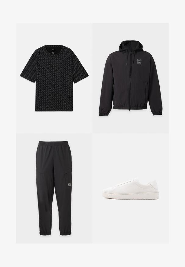 Chaqueta negra con capucha y cremallera, puños y dobladillo elásticos, bolsillos delanteros y un pequeño logo EA7 en el pecho izquierdo.; Camiseta negra con un patrón texturizado de logos 'A' alternados, mangas cortas y escote redondo. Fabricada con tejido ligero.; Pantalones casuales negros con cintura y puños elásticos, bolsillos laterales con solapa, y pequeño logo blanco EA7 Emporio Armani en el muslo derecho.; Zapatilla de cuero blanca con acabado liso, puntera redonda, cordones con seis ojales y suela de goma texturizada. Diseño minimalista sin patrones.