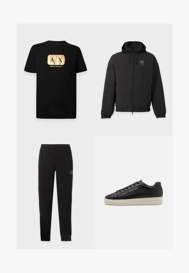 Sort hættejakke med lynlås, elastiske manchetter og kant, forlommer og et lille EA7-logo på venstre bryst.; Sort bomulds T-shirt med et guld rektangulært logo med "A|X" og teksten "ARMANI EXCHANGE" nedenfor. Klassisk pasform med korte ærmer.; Sorte sweatpants med tapering, elastisk talje og manchetter, med en lille EA7 Emporio Armani-logo på den øverste højre lår.; Sorte lædersneakers med en glat finish, kontrasterende cremefarvet sål, rund tå, guld logo på siden og seks huller til snørebånd.