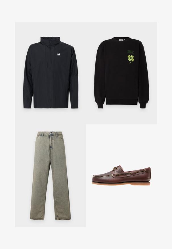 Sort letvægtsjakke med fuld lynlås, høj krave og hvidt New Balance-logo på venstre bryst.; Sort sweatshirt af blødt stof med et grønt broderet firekløver og tekst på brystet. Ribstrikkede ærmegab og kant.; Blå denim bukser med vid ben i en falmet grå farve, med knaplukning og traditionelt fem-lomme design med synlige syninger.; Brun læder bådsko med hvide sømme, snøre detaljer og lysbrun gummisål, vist fra siden på hvid baggrund.