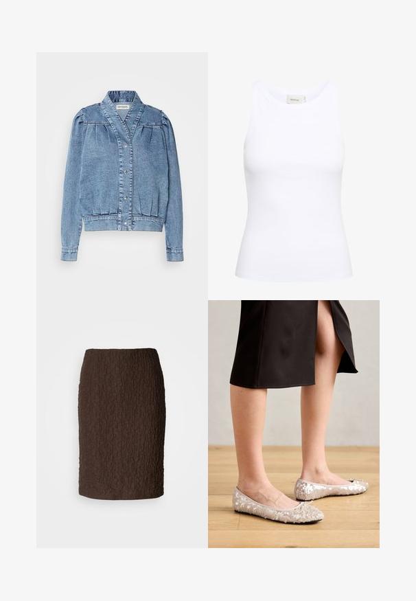 Lyseblå denimjakke med krave, frontlukning med trykknapper, plisserede pufærmer og ribbede manchetter. Har en glat tekstur og diskrete søm.; Hvid ribbet tanktop med rund halsudskæring og uden ærmer. Strækbart stof og tætsiddende design. Etiketten bagpå viser "GESTUZ."; Brun knælang nederdel lavet af tekstureret stof med en krøllet overflade. Har et tætsiddende design og ingen synlige lukninger eller accenter.; Beige stæl ballet flats med en rund tå, der har en bueaccent, parret med en sort nederdel, vist på et trægulv.