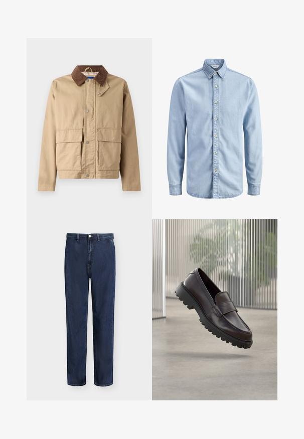 Tan jacket with a brown corduroy collar, snap closure, and two large front pockets. Made of durable fabric with a smooth texture.; Light blue denim long-sleeve shirt with button-down collar and a row of seven beige buttons down the front.; Dark blue straight-leg denim jeans with belt loops, front button, and zip closure, displayed on a plain light background.; Brown leather slip-on shoe with a rounded toe and a sturdy black rubber sole. Features a decorative strap across the vamp.