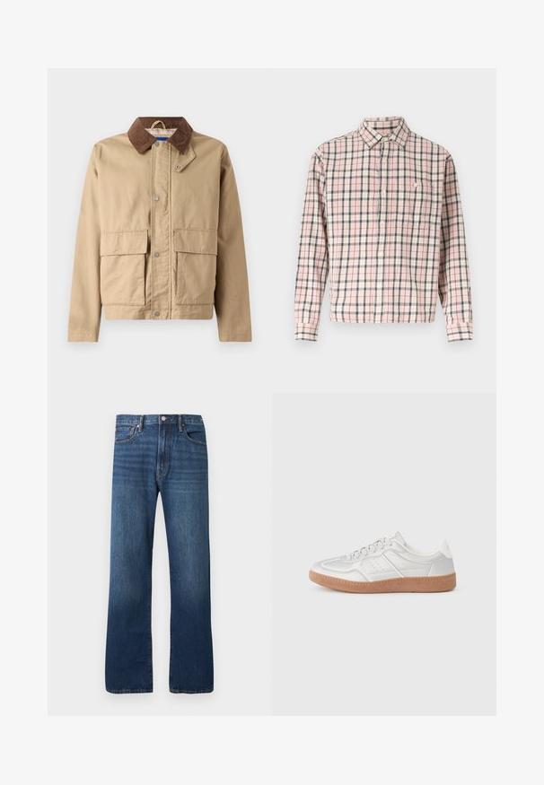 Tan jas met een bruine corduroy kraag, drukknoopsluiting en twee grote voorzakken. Gemaakt van duurzame stof met een soepele textuur.; Overhemd met lange mouwen en knopen, met een roze, witte en grijze geruite patroon, voorzien van een enkele borstzak met een knoop.; Rechte blauwe spijkerbroek met klassiek ontwerp met vijf zakken en knoopsluiting op een effen lichte achtergrond.; Zilveren sneakers met een gladde textuur, vetersluiting, geperforeerde accenten en een gestructureerde bruine rubberen zool.