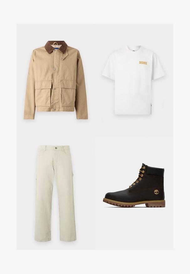 Chaqueta marrón con un cuello de terciopelo, cierre de botones a presión y dos grandes bolsillos frontales. Fabricada con un tejido duradero y de textura suave.; Camiseta blanca de manga corta con cuello redondo y pequeño logo naranja "DICKIES" en la parte superior del lado izquierdo del pecho.; Pantalones de pierna recta con rayas verticales en beige y blanco, con cierre de botonadura, trabillas para cinturón y bolsillos laterales, exhibidos sobre un fondo liso.; Bota de cuero negro de tobillo con ojales dorados, acentos marrones y suela de goma. Presenta un cuello acolchado y un logotipo en relieve en el costado.
