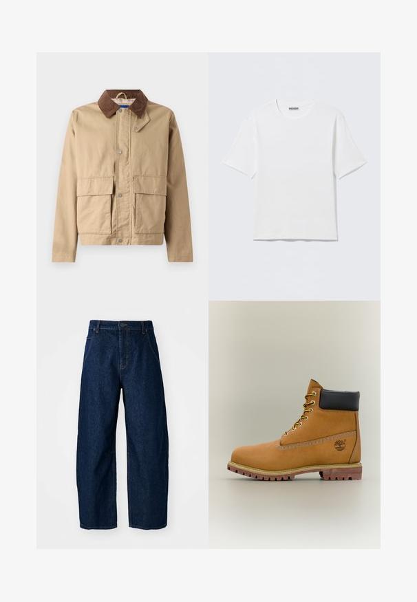 Chaqueta marrón con un cuello de terciopelo, cierre de botones a presión y dos grandes bolsillos frontales. Fabricada con un tejido duradero y de textura suave.; Camiseta blanca lisa de manga corta con cuello redondo y una pequeña etiqueta "WEEKDAY" en el interior del cuello trasero, mostrada sobre una superficie plana.; Vaqueros de mezclilla oscuros de pierna ancha con cintura alta, que cuentan con cinco bolsillos, cierre frontal con botones y detalles de costura visibles.; Bota de tobillo de cuero marrón con cuello negro, cordones amarillos y suela beige. Presenta un logotipo y detalles de costura blanca. Suela exterior con tracción robusta.