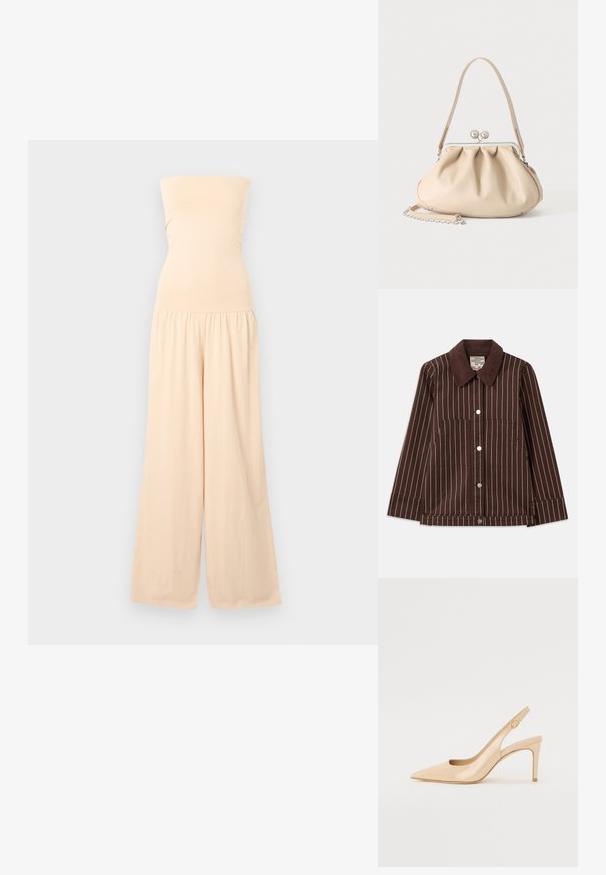 Bruine corduroyjas met witte verticale strepen, een puntige kraag, knopen aan de voorkant en twee opgestikte zakken.; Beige strapless jumpsuit met een aansluitend lijfje en wijde pijpen, gegatherd bij de taille, weergegeven tegen een lichtgrijze achtergrond.; Nude gepatineerd leren slingbackhak met een spitse neus, open vamp en een dunne stilettohak. Bevat een ronde gouden accent op de band.; Beige zachte leren handtas met een zilveren metalen frame sluiting, een enkele schouderriem en een optionele kettingriem op een witte achtergrond.