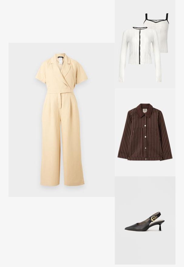 Bruine corduroyjas met witte verticale strepen, een puntige kraag, knopen aan de voorkant en twee opgestikte zakken.; Beige korte mouw jumpsuit met wijde pijpen, overslag V-halskraag en getailleerde taille, gemaakt van lichtgewicht stof.; Witte gebreide cardigan en bijpassende mouwloze top met zwarte geschulpte rand langs de randen, weergegeven op een neutrale achtergrond.; Zwarte slingback hoge hak schoenen met een spitse neus, een gladde leren textuur en een gouden gespaccent op de band.