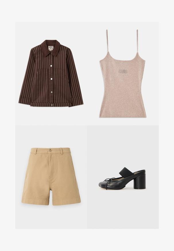 Bruine corduroyjas met witte verticale strepen, een puntige kraag, knopen aan de voorkant en twee opgestikte zakken.; Geribbelde, beige tanktop met dunne verstelbare bandjes. Heeft een vierkante halslijn en een klein gedrukt detail nabij het midden.; Beige katoenen shorts met een klassiek ontwerp, voorzien van een sluiting met een voorknop en riemlussen. Glad van textuur met zijzakken.; Zwarte hakken met een ronde neus, gemaakt van glad leer. Heeft een elastische band en een opvallende cilindervormige hak.