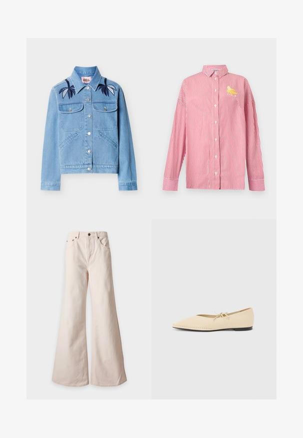 Veste en denim bleu clair avec fermeture à boutons, deux poches poitrine, poches latérales, et broderie de feuilles bleu foncé sur les épaules.; Chemise à rayures verticales rouges et blanches, manches longues, avec boutons, col et petit motif banane jaune sur la poitrine gauche.; Pantalon beige taille haute à jambes larges avec poches avant, passants pour ceinture et fermeture par bouton, présenté sur fond blanc.; Chaussure plate beige à bout pointu avec un petit nœud sur le dessus et une semelle noire, vue de côté sur un fond clair uni.