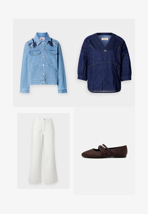 Veste en denim bleu clair avec fermeture à boutons, deux poches poitrine, poches latérales, et broderie de feuilles bleu foncé sur les épaules.; Veste en denim bleu foncé avec un col en V, des manches ample et des poignets froncés. Présente des coutures contrastantes et un seul bouton sur le devant.; Jeans blancs taille haute à jambes larges avec poches avant, passants pour ceinture, fermeture par bouton, et détail décoratif de laçage sur les côtés des deux jambes.; Chaussure plate marron avec un bout pointu et deux fines brides croisées sur le cou-de-pied, détails de couture visibles et petit talon.