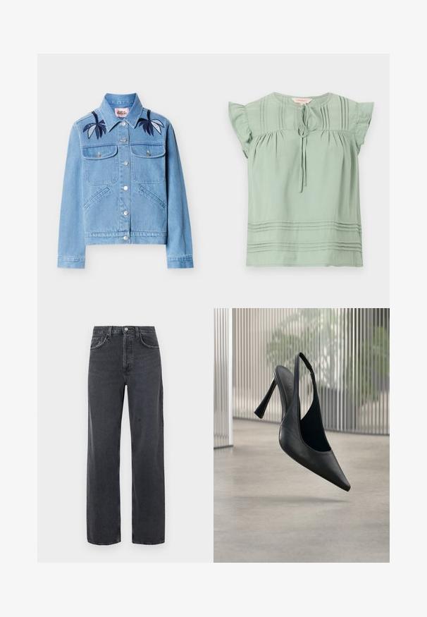 Ανοιχτό μπλε denim μπουφάν με κουμπιά στο μπροστινό μέρος, δύο τσέπες στο στήθος, πλαϊνές τσέπες και σκούρη μπλε κεντητή φύλλα στους ώμους.; Φωτεινό πράσινο κοντομάνικο μπλουζάκι με βολάν στα μανίκια, δετό μπροστά στο στρογγυλό ντεκολτέ και οριζόντιες πιέτες στο στήθος και το τελείωμα.; Μαύρο τζιν παντελόνι με φαρδιά μπατζάκια και ξεβαμμένο φινίρισμα, με δύο μπροστινές τσέπες και κούμπωμα με κουμπί στη μέση. Κλασικός σχεδιασμός με πέντε τσέπες.; Μαύρο δερμάτινο γοβάκι με λουράκι στη φτέρνα και μυτερή μύτη, αιωρούμενο πάνω από λείο τσιμεντένιο δάπεδο και κατακόρυφα μεταλλικά πάνελ στο φόντο.