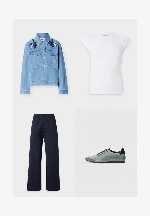 Veste en denim bleu clair avec fermeture à boutons, deux poches poitrine, poches latérales, et broderie de feuilles bleu foncé sur les épaules.; T-shirt blanc à manches courtes en maille côtelée avec un col rond et des épaules légèrement tombantes sur un fond uni.; Pantalon droit bleu marine avec taille élastique, présenté à plat sur un fond clair uni.; Baskets en cuir gris clair au design épuré, avec des détails cousus, des lacets noirs et un accent de talon foncé. Semelle en caoutchouc.