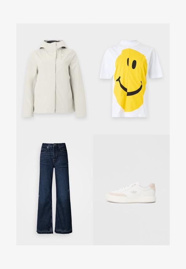 Veste imperméable à capuche beige clair avec fermeture éclair dissimulée à l'avant et logo discret sur la poitrine, conçue pour une utilisation en extérieur.; Chemise blanche à manches courtes avec un grand visage souriant jaune imprimé sur le devant, montrant des yeux noirs et un sourire courbé.; Jean taille haute à jambes larges en denim foncé. Caractéristiques : ourlets effilochés et design à cinq poches avec surpiqûres visibles.; Baskets blanches avec une tige en cuir lisse, accents beige doux, logo sur le côté et une épaisse semelle en caoutchouc blanc. Fermeture à lacets.