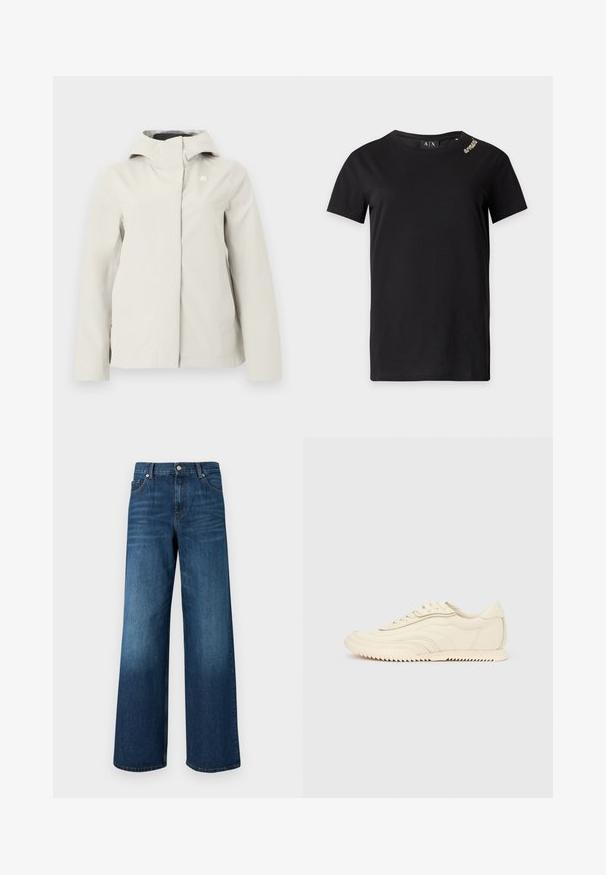 Veste imperméable à capuche beige clair avec fermeture éclair dissimulée à l'avant et logo discret sur la poitrine, conçue pour une utilisation en extérieur.; T-shirt noir à manches courtes avec col rond et petit détail doré près de l'épaule gauche, étiqueté Armani Exchange à l'intérieur du col.; Jean bleu à jambes larges avec poches avant, passants de ceinture et bouton de fermeture sur fond uni.; Baskets basses de couleur crème avec des coutures ondulées, une fermeture à lacets et une semelle crantée, vues de côté sur un fond uni.