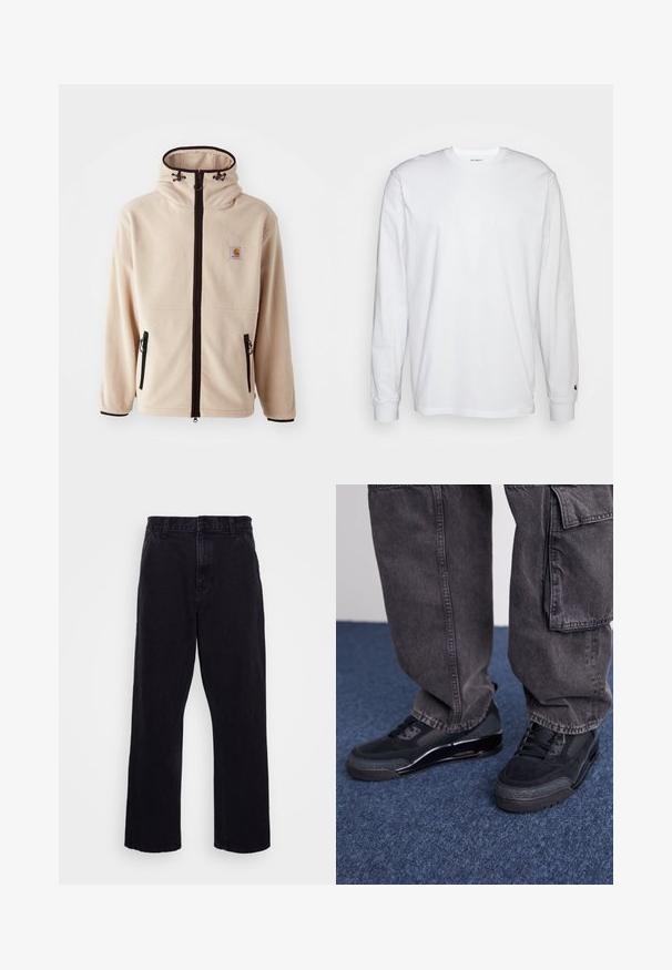 Veste en polaire beige avec un col haut, des fermetures éclair noires et des poches latérales. Présente un patch logo sur la poitrine et des finitions noires contrastées.; T-shirt blanc à manches longues en coton. Design à col rond avec des poignets côtelés et un petit logo sur la manche gauche. Texture lisse.; Pantalons en denim noir avec une coupe droite, dotés d'une fermeture à bouton et à zip, de passants de ceinture et de coutures minimales.; Des chaussures de sport noires avec une surface texturée, des accents lisses et une semelle épaisse, accompagnées de pantalons cargo larges et foncés.