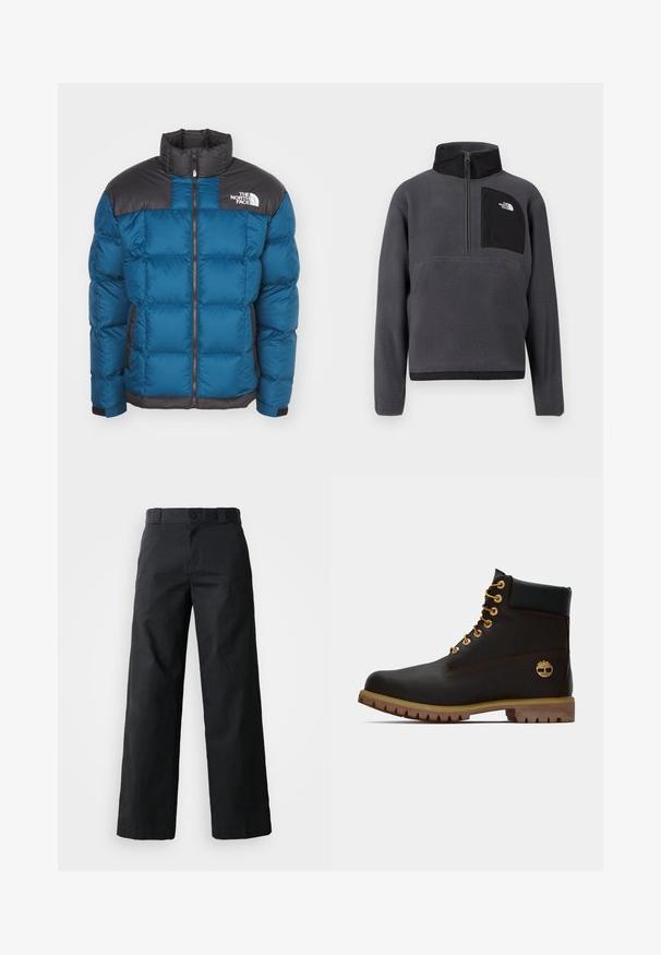 Sinine puffjakker musta tikandiga yoke'iga, vetti sulgu, kõrge kraega, küljetaskutega ja logo detailiga rinnal. Täidis tagab soojustuse.; Tumehall fleece-kangaga pusa, kõrge krae, pool-zip ees ja must lukuga rinnatasku valge logoga paremal küljel.; Mustad laiad mustad puuvillased püksid. Omavad nööp sulgemist, vööaasasid ja küljetaskuid. Sile tekstuur ja kohandatud lõige.; Must have kuld moodustatud mustast nahast pahkluu saapad kullavärvi silmadega, pruuni aktsentidega ja kummitald. Omab pehmendatud krae ja kõrvale reljeefset logo.