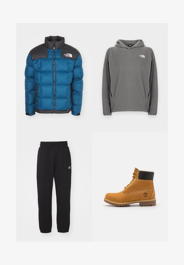 Blauwe pufferjack met een zwart doorgestikt schouderdeel, ritssluitingen, hoge kraag, zijzakken en logo-detail op de borst. Vulling biedt isolatie.; Grijze fleece hoodie met een voorzak, verstelbare capuchon met trekkoord en een klein wit logo op de linkerborst.; Zwarte sweatpants van zachte stof, met een elastische tailleband en trekkoord, smalle boorden bij de enkels en een klein logo op de bovenkant van de bovenbeen.; Bruine leren enkellaars met metalen oogjes, witte faux bont voering, zwarte gewatteerde kraag, robuuste zool en een reliëflogo aan de zijkant.
