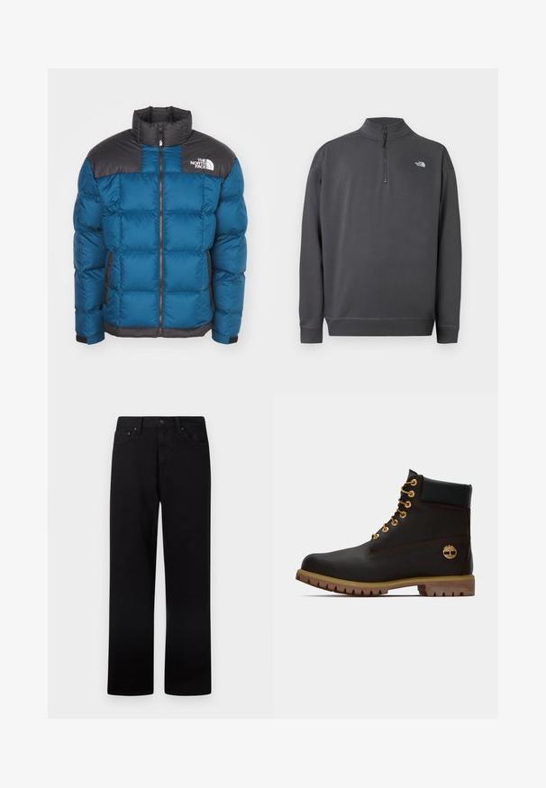 Sinine puffjakker musta tikandiga yoke'iga, vetti sulgu, kõrge kraega, küljetaskutega ja logo detailiga rinnal. Täidis tagab soojustuse.; Tumehall pikkade varrukatega pullover, neljandiku lukuga kraega ja väikese valge The North Face logoga vasakul rinnal.; Mustad sirge säärega teksapüksid, millel on nööp- ja tõmblukukinnitus, vööaasad ning ees- ja tagataskud, esitatud valgel taustal.; Must have kuld moodustatud mustast nahast pahkluu saapad kullavärvi silmadega, pruuni aktsentidega ja kummitald. Omab pehmendatud krae ja kõrvale reljeefset logo.
