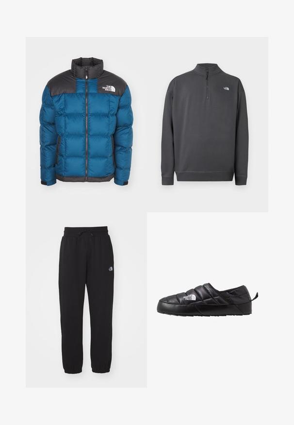 Sinine puffjakker musta tikandiga yoke'iga, vetti sulgu, kõrge kraega, küljetaskutega ja logo detailiga rinnal. Täidis tagab soojustuse.; Tumehall pikkade varrukatega pullover, neljandiku lukuga kraega ja väikese valge The North Face logoga vasakul rinnal.; Mustad mustad, mis on valmistatud pehmest kangast, elastse vöökoha ja kinnitustrossiga, puhv-, pahkluuotsad ja väike logo ülemisel reitel.; Mustad must jalanõud, millel on tikandiga disain, valmistatud pehmest materjalist. Omab tekstureeritud kummist tallat ja väikest tõmblaba taga.