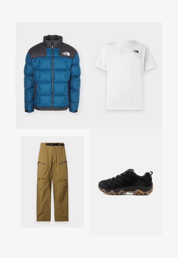 Blauwe pufferjack met een zwart doorgestikt schouderdeel, ritssluitingen, hoge kraag, zijzakken en logo-detail op de borst. Vulling biedt isolatie.; Wit katoenen T-shirt met korte mouwen en een ronde hals. Voorzien van een klein zwart logo aan de bovenkant aan de linkerkant. Glad oppervlak.; Kaki outdoorbroek met zwarte verstelbare riem, twee zakken op de dij met rits en kniezomen, getoond tegen een effen achtergrond.; Zwarte wandelschoen met robuuste bruine Vibram-zool, bovenwerk van mesh en suède, vetersluiting en achterste aantreklus, gezien vanaf de buitenkant.