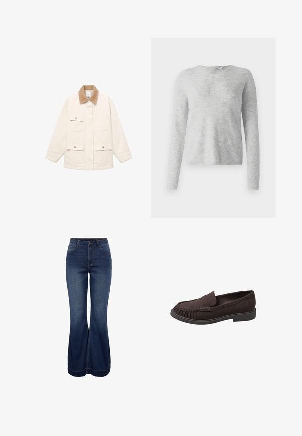 Cremefarvet jakke med et kordfløjlskrave, fire forlommer og trykknaplukninger. Lange ærmer med en lige skæring.; Grå strikket sweater med ribbet tekstur, lange ærmer og V-halsdesign. Enkel og minimalistisk fremtoning.; Mørkeblå vidde jeans i denimstof, med høj talje, forlommer og en ren sømkant, med diskrete syningsdetaljer.; Brune ruskinds loafers med en syningsdetalje foran, en flad gummisål og et let afrundet tådesign.