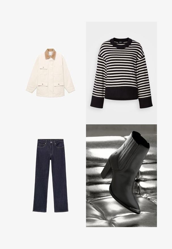 Cremefarvet jakke med et kordfløjlskrave, fire forlommer og trykknaplukninger. Lange ærmer med en lige skæring.; Stribet sweater i sort og hvid, har en rund halsudskæring, løs pasform og ribbede manchetter, lavet af blødt strikmateriale.; Mørkeblå denimjeans med straight-leg design, som har fem lommer og kontrasterende syninger. Kanten har sideslids for ekstra detalje.; Sorte læder ankelstøvle med høj hæl, prydet med lodret syning og en skinnende sølvdetalje på tåen, sat på en metallisk baggrund.