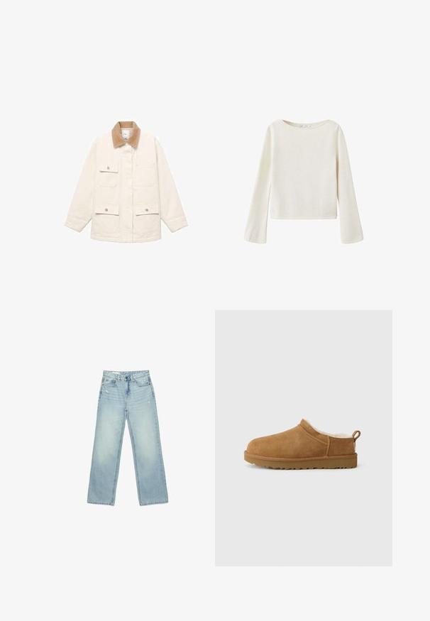 Cremefarvet jakke med et kordfløjlskrave, fire forlommer og trykknaplukninger. Lange ærmer med en lige skæring.; Off-white langærmet sweater med bred rund halsudskæring og let udvidede ærmer, lavet af blødt strikket stof.; Lyseblå højtaljede brede jeans med let slid på forlommer og lår, knaplukning og design med fem lommer.; Brune ruskind slip-on sko med blødt, hvidt pelsfor, flad gummisål, rund tå og lille trækstrop ved hælen.