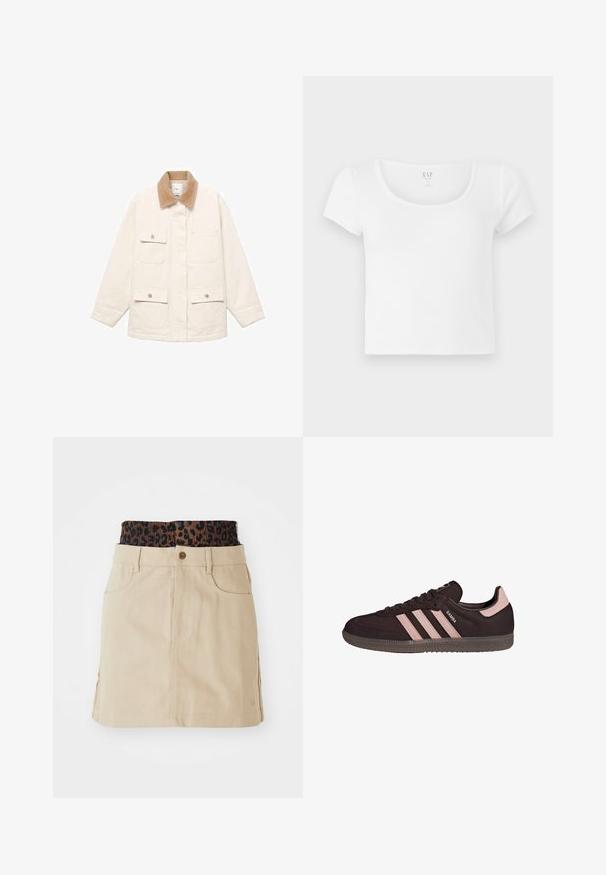 Cremefarvet jakke med et kordfløjlskrave, fire forlommer og trykknaplukninger. Lange ærmer med en lige skæring.; Hvid kortærmet cropped t-shirt lavet af blødt bomuld, med rund halsudskæring og et enkelt design uden mønstre eller detaljer.; Tan denim nederdel med en brun leopardmønstret elastisk talje, forlommer og en lige pasform, der har synlige syninger.; Sort ruskindsneaker med tre lyserøde striber, rund snude, gummisål og polstret krave. Har præget branding på siden og tungen.