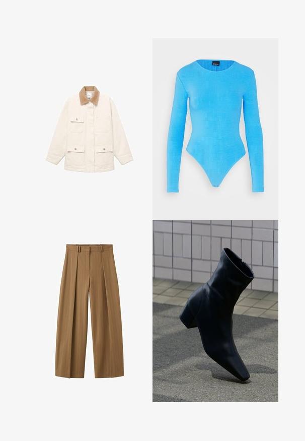Cremefarvet jakke med et kordfløjlskrave, fire forlommer og trykknaplukninger. Lange ærmer med en lige skæring.; Gina Tricot MAGGIE BODY - Langærmet T-shirt - blue; Brune bukser med høj talje og vide ben med subtile nålestriber, frontlige læg, bæltestropper og en skjult frontlynlås.; Sort læderankelstøvle med blokhæle, stående på en tekstureret asfaltflade nær en fliser væg.