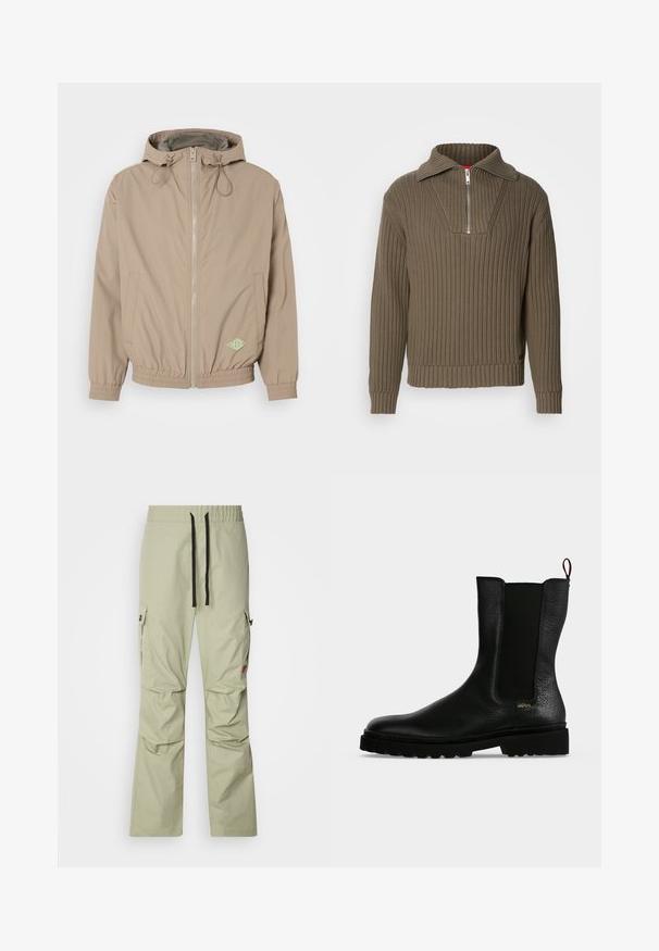 Chaqueta con capucha de color beige claro, fabricada en tejido suave, con cremallera frontal, dobladillo elástico y acento de logo verde en la parte inferior derecha.; Suéter marrón acanalado con media cremallera y un collar amplio. Presenta una tela texturizada y un dobladillo ligeramente corto. Diseño simplista.; Pantalones cargo verde claro con un corte relajado, cintura elástica, cordón negro, dos bolsillos laterales y detalles de costura sutiles.; Botín negro de cuero con panel lateral elástico, suela gruesa y lengüeta en la parte trasera, con un pequeño logo dorado "Hugo" cerca del talón.