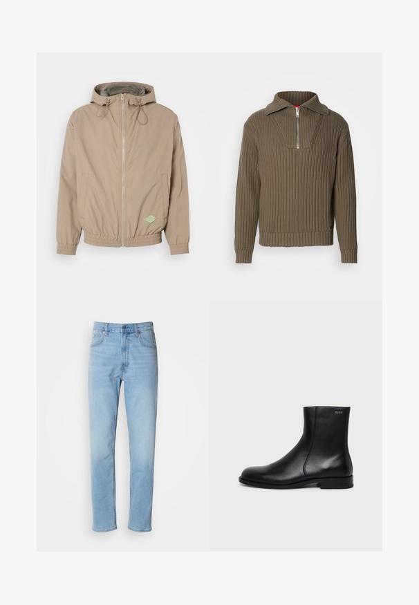 Lichtbeige beweegbare jas met capuchon, gemaakt van gladde stof, met een rits aan de voorkant, een elastische onderrand en een groen logoaccent aan de rechteronderzijde.; Bruine geribbelde pullover met een halve rits en een brede kraag. Heeft een gestructureerde stof en een iets verkorte zoom. Eenvoudig ontwerp.; Lichtblauwe denim jeans met een rechte pasvorm, vijf zakken en riemlussen. De stof heeft een gladde textuur met een lichte vervaging.; Zwarte leren enkellaars met lage hak, zijstiksels en klein "HUGO" logo op de bovenste boord tegen een effen achtergrond.