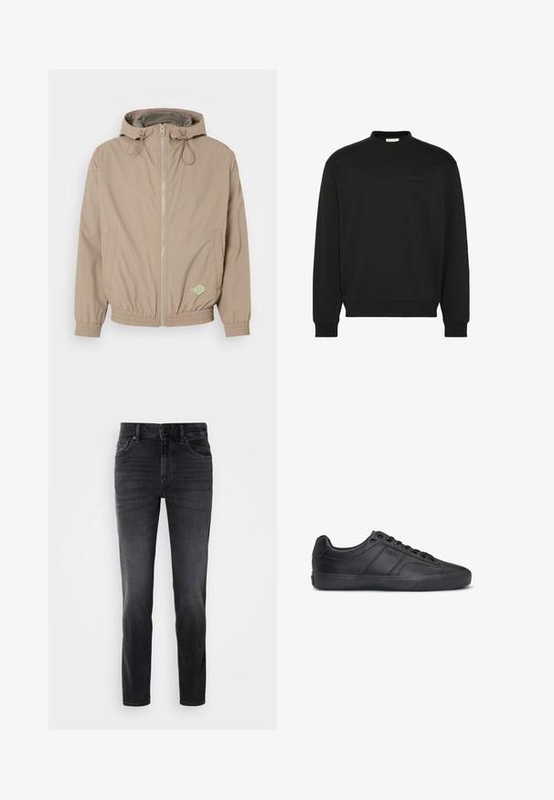 Lys beige hættejakke lavet af glat stof med frontlynlås, elastisk kant og grøn logoaccent på nederste højre side.; Sort langærmet sweatshirt med rund hals og ribbede manchetter og kant, med et lille sort rektangulært logo på venstre bryst.; Sorte denimjeans med slim fit, der har en mellemhøj talje, klassisk fem-lomme design og subtle falmning på benene.; Sorte lædersneakers med teksturerede paneler, gummisål og runde snørebånd. Har logo-detalje på siden og en glat overflade.