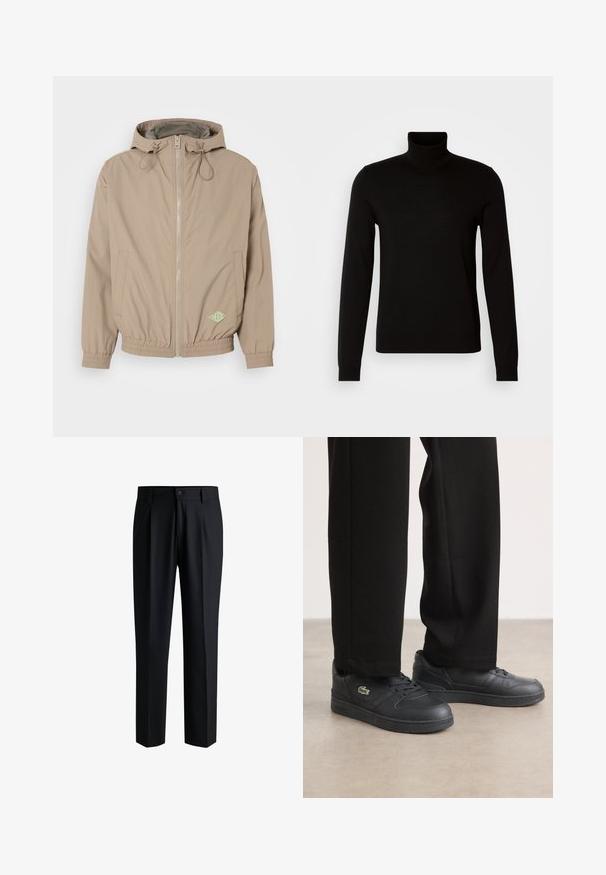 Helle beige Kapuzenjacke aus glattem Stoff mit einem Frontreißverschluss, elastischem Saum und grünem Logo-Akzent auf der unteren rechten Seite.; Schwarzer Rollkragenpullover aus feiner Strickware, mit langen Ärmeln und taillierter Silhouette. Glatte Textur mit gerippten Bündchen.; Schwarze Hose aus glattem Stoff, mit geradem Bein-Design, Falten vorne und einem Knopfverschluss mit Gürtelschlaufen.; Schwarze Low-Top-Sneaker aus glattem Leder, mit einer strukturierten Gummisohle, Schnürdesign und einem kleinen grünen gestickten Logo.