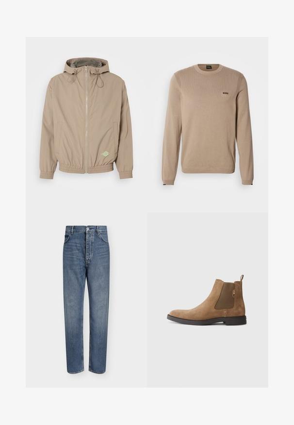 Lys beige hættejakke lavet af glat stof med frontlynlås, elastisk kant og grøn logoaccent på nederste højre side.; Beige striktrøje med lange ærmer, rund halsudskæring, ribbekanter og lille sort 'BOSS' logo på brystet. Blød tekstur, klassisk pasform.; Straight-leg blå denim jeans med høj talje, frontknaplukning og fem-lomme design på en ensartet lys baggrund.; Brune ruskinds Chelsea-støvle med elastiske sidepaneler og en hulsløjfe. Har en rund tå og en flad gummisål for stabilitet.