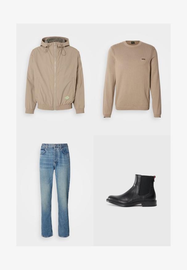 Lichtbeige beweegbare jas met capuchon, gemaakt van gladde stof, met een rits aan de voorkant, een elastische onderrand en een groen logoaccent aan de rechteronderzijde.; Beige gebreide trui met lange mouwen, ronde hals, geribbelde details en een klein zwart 'BOSS' logo op de borst. Zachte textuur, klassieke pasvorm.; Lichtblauwe rechte spijkerbroek met een hoge taille, een frontknop, ritssluiting en een vijf-pocket ontwerp.; Zwarte leren Chelsea-boot met elastische zijpanelen, ronde neus en een lage gestapelde hak. Heeft een rode lusstab en subtiele branding aan de zijkant.