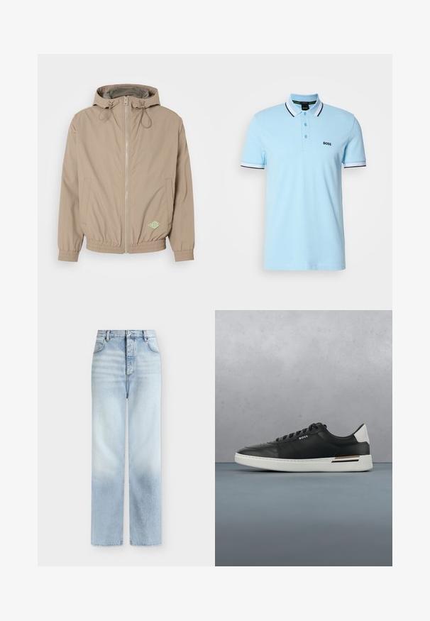 Helle beige Kapuzenjacke aus glattem Stoff mit einem Frontreißverschluss, elastischem Saum und grünem Logo-Akzent auf der unteren rechten Seite.; Helles blaues Poloshirt mit kurzen Ärmeln, weißem und schwarzem gestreiftem Kragen und Bündchen, drei Knöpfen und "BOSS"-Logo auf der linken Brust.; Hellblaue, hoch taillierte Jeans mit geradem Bein, Fronttaschen, Gürtelschlaufen und einem Knopfverschluss.; Schwarze Ledersneaker mit weißer Sohle, ausgestattet mit Perforationen, Schnürdesign, Logo an der Seite und kontrastierenden Fersendetails in Weiß und Braun.