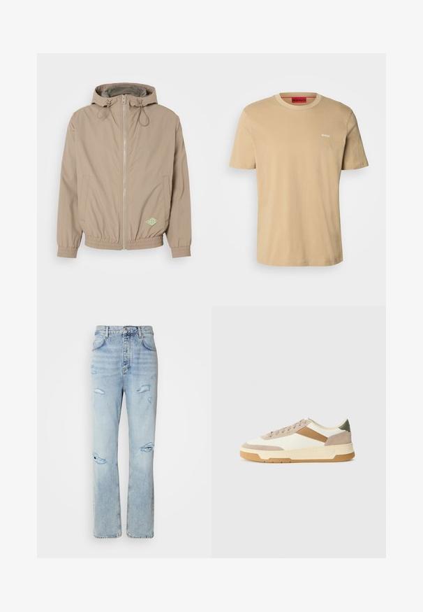 Helle beige Kapuzenjacke aus glattem Stoff mit einem Frontreißverschluss, elastischem Saum und grünem Logo-Akzent auf der unteren rechten Seite.; Beige Baumwoll-T-Shirt mit Rundhalsausschnitt, kurzen Ärmeln und einem kleinen weißen "HUGO"-Logo auf der Brust. Glatte Textur ohne Muster.; Hellblaue Jeans mit legerer Passform, featuring distressed Stellen und fransigen Kanten. Der Stoff hat eine weiche, glatte Textur.; Sneaker in Beige, Creme und Olivgrün, aus Wildleder und Leder, mit runder Zehenpartie, minimalistischem Design und Gummisohle.