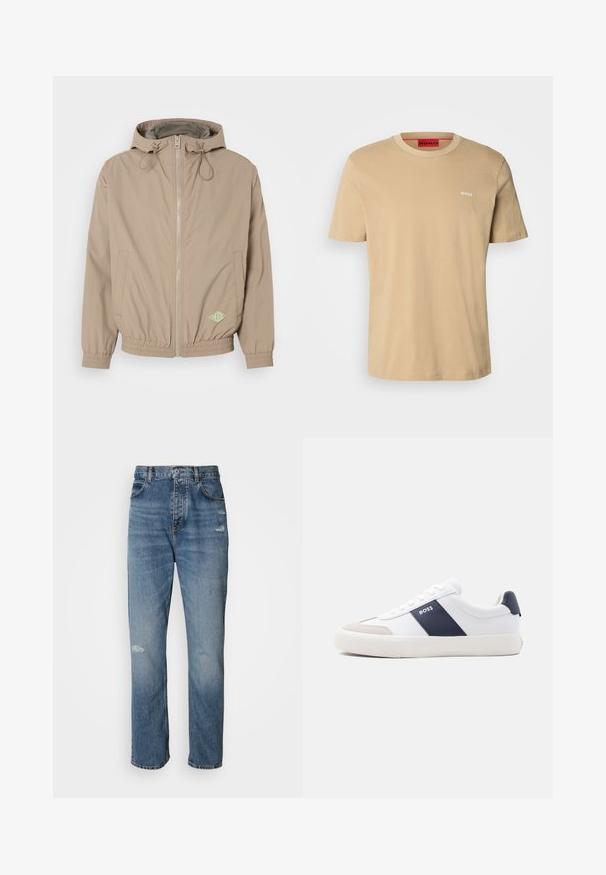 Lys beige hættejakke lavet af glat stof med frontlynlås, elastisk kant og grøn logoaccent på nederste højre side.; Beige bomulds t-shirt med rund halsudskæring, korte ærmer og et lille hvidt "HUGO" logo på brystet. Glat tekstur uden mønstre.; Lyseblå denim jeans med lige ben-design, der har en knap- og lynlåslukning, fem lommer og slidte detaljer ved knæet.; Hvid sneakers med lav top med navyblå side stribe, "BOSS" logo, beige tåbeskytter og hvid sål, vist i profil på en lys baggrund.
