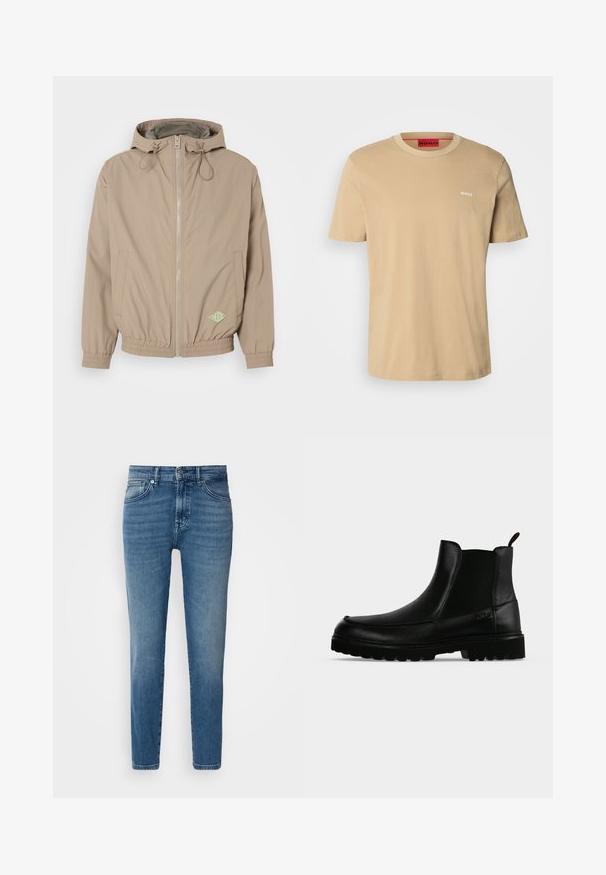 Helle beige Kapuzenjacke aus glattem Stoff mit einem Frontreißverschluss, elastischem Saum und grünem Logo-Akzent auf der unteren rechten Seite.; Beige Baumwoll-T-Shirt mit Rundhalsausschnitt, kurzen Ärmeln und einem kleinen weißen "HUGO"-Logo auf der Brust. Glatte Textur ohne Muster.; Helle blaue Denim-Jeans mit geradem Schnitt, traditionellem Fünf-Taschen-Design, Metallknopfverschluss und dezentem Verblassen an der Vorderseite.; Schwarzer Lederknöchelstiefel mit strukturierter Sohle, elastischen Seitenteilen und Zuglasche vor einem hellgrauen Hintergrund.