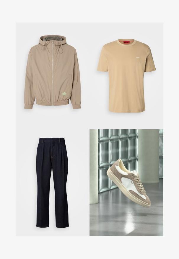 Lichtbeige beweegbare jas met capuchon, gemaakt van gladde stof, met een rits aan de voorkant, een elastische onderrand en een groen logoaccent aan de rechteronderzijde.; Beige katoenen t-shirt met een ronde hals, korte mouwen en een klein wit "HUGO" logo op de borst. Een gladde textuur zonder patronen.; Donkerblauwe denim jeans met wijde pijpen, inclusief voorplooien en oranje stiksels, weergegeven op een witte achtergrond.; Beige en witte suède sneaker met veters en "BOSS"-logo, zwevend boven een gepolijste betonnen vloer met glazen blokken muren op de achtergrond.