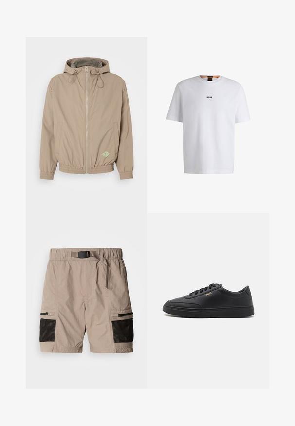 Chaqueta con capucha de color beige claro, fabricada en tejido suave, con cremallera frontal, dobladillo elástico y acento de logo verde en la parte inferior derecha.; Camiseta de algodón blanca de manga corta, con un logotipo negro "BOSS" centrado en el pecho y un diseño de cuello redondo.; Pantalones cortos de carga beige con una tela texturizada, que presentan acentos de panel de malla en negro, cintura elástica y bolsillos laterales con cremalleras.; Zapatillas de cuero negro con una textura suave, punta redondeada, suela plana de goma y cordones a tono. Presentan el logotipo dorado "BOSS" en el lateral.